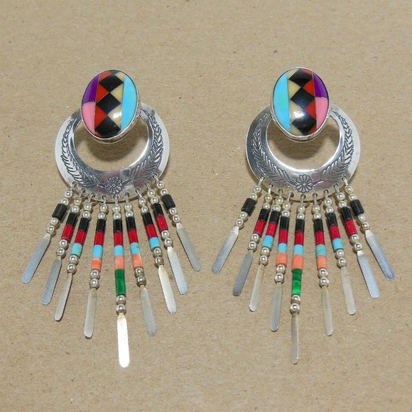 Native Turquoise .925 Sterling Silver Earrings - Picture 1 of 8